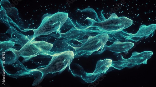 An ethereal wireframe school of fish, their shapes blending into sound waves, pulsating with electric blue and green lights, against a mysterious starry black background.