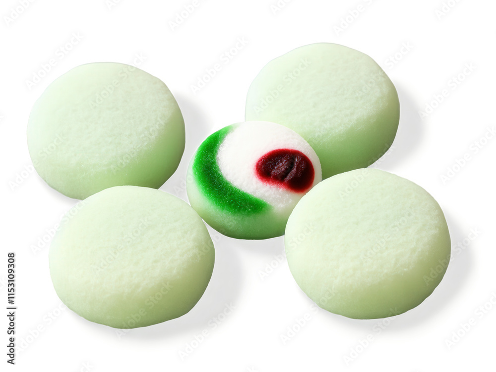 Obraz premium Mochi Soft and chewy rice cake balls filled with sweet red bean paste, arranged in a dynamic pattern with colorful