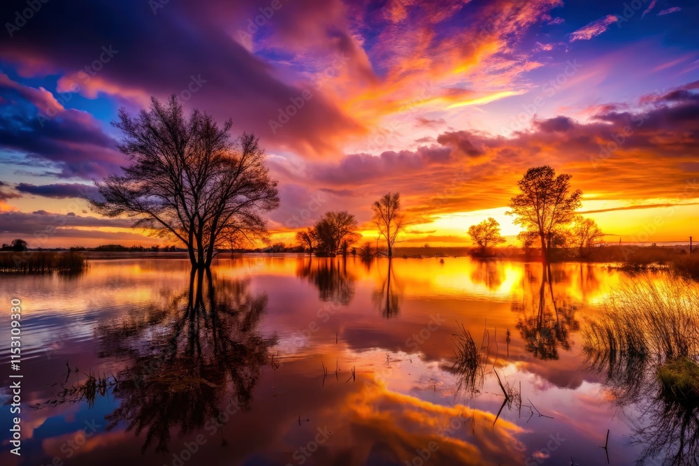 Night's flood submerges the landscape; trees and plants form dark silhouettes against the fiery sunset. Night's flood submerges the landscape; trees and plants form dark silhouettes against the fiery sunset.