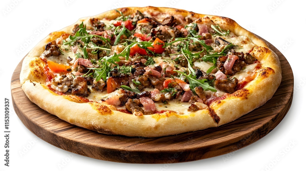 Delicious pizza with salami, cheese, and pepperoni on a white background Delicious pizza with salami, cheese, and pepperoni on a white background
