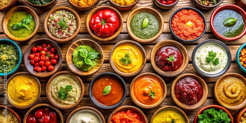 Overhead shot: Diverse, delicious dipping sauces in bowls, sharp focus, recipe ideas abound. Overhead shot: Diverse, delicious dipping sauces in bowls, sharp focus, recipe ideas abound.