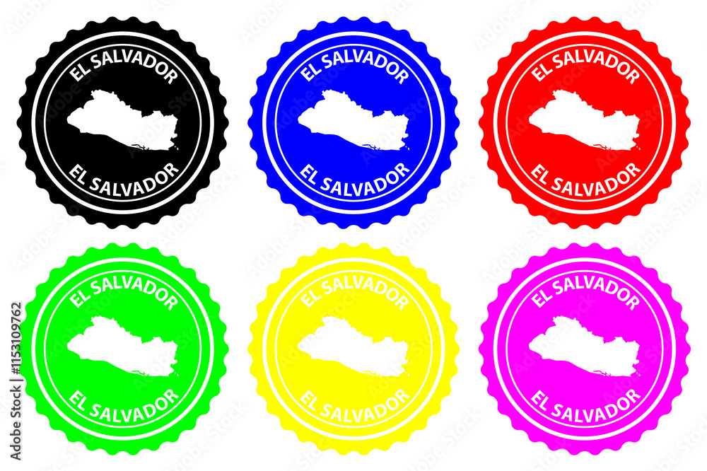 Obraz premium El Salvador - rubber stamp - vector, Republic of El Salvador map pattern - sticker - black, blue, green, yellow, purple and red