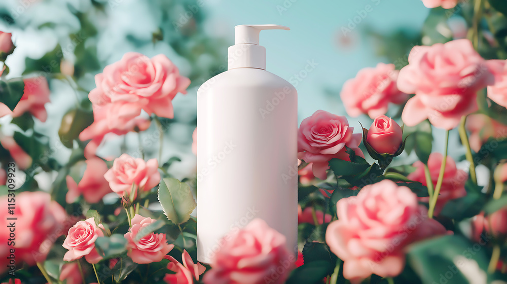 A white blank plastic cosmetics container for shampoo mockup with blank label surrounded by rose flowers, Cosmetics bottle mockup A white blank plastic cosmetics container for shampoo mockup with blank label surrounded by rose flowers, Cosmetics bottle mockup