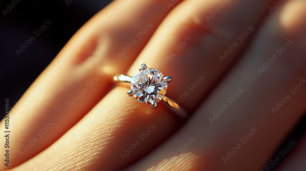 Close-up of the ring on her finger, a white gold solitaire engagement ring with a large round diamond Close-up of the ring on her finger, a white gold solitaire engagement ring with a large round diamond