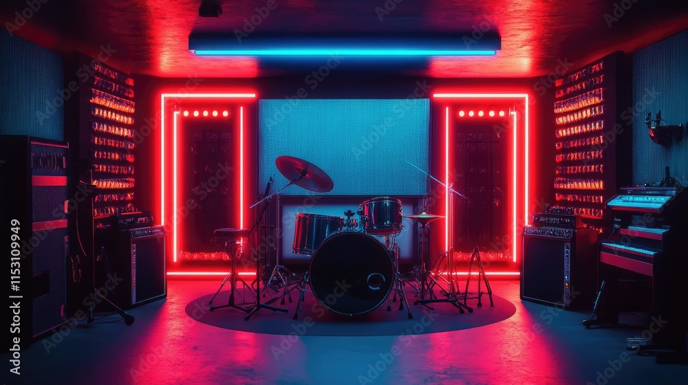 Obraz premium A sleek modern music studio with a drum set, keyboard, and vibrant LED lighting, offering an energetic space for music creation.