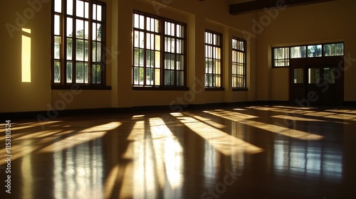 Spacious Modern Interior with Sunlight and Window Shadows on Walls and Polished Floor