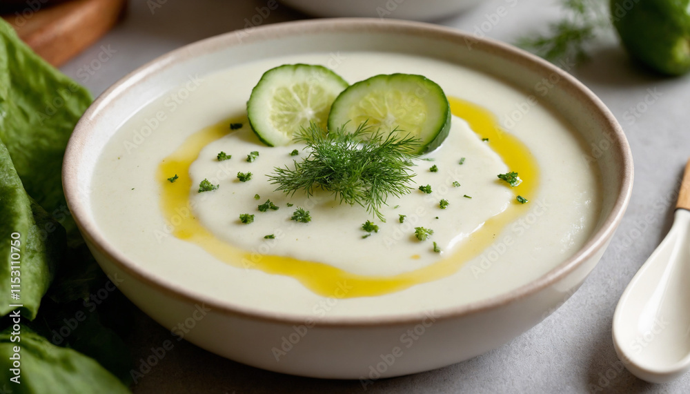 Creamy Tarator Soup in Rustic Style in White and Green with Copy Space Creamy Tarator Soup in Rustic Style in White and Green with Copy Space