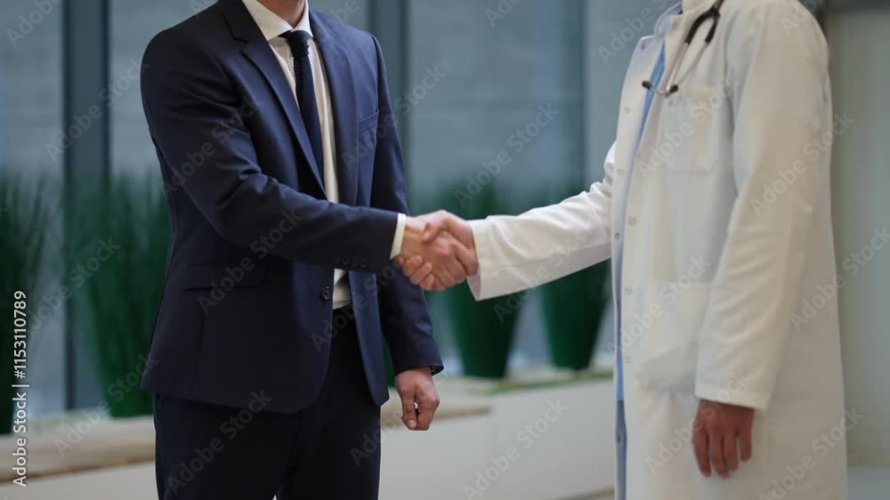 Businessman in a suit shaking hands with a doctor wearing a white coat and stethoscope in a modern office environment. Concept of professional partnership and collaboration
