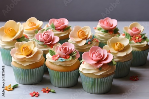 Cupcakes full of cream in paper box. Pink cakes are very nice for a present to a beloved girl or woman. photo