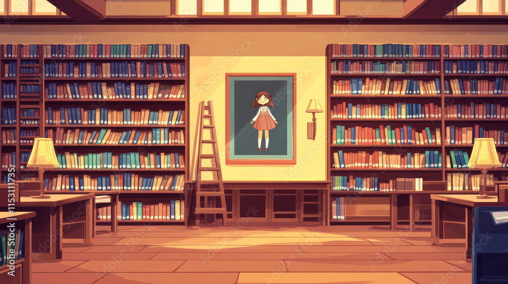 Φωτογραφία Library interior, empty room for reading with various books on wooden shelves, ladder, desks with lamps and picture of schoolgirl on wall