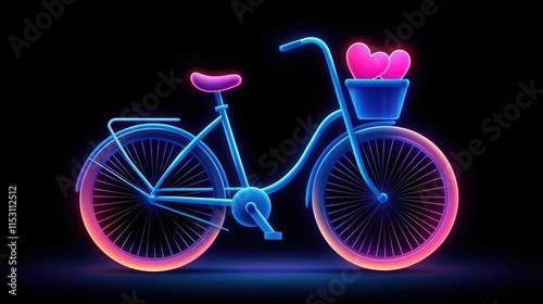 Whimsical bicycle with hearts in basket neon glow digital art dark background artistic interpretation photo