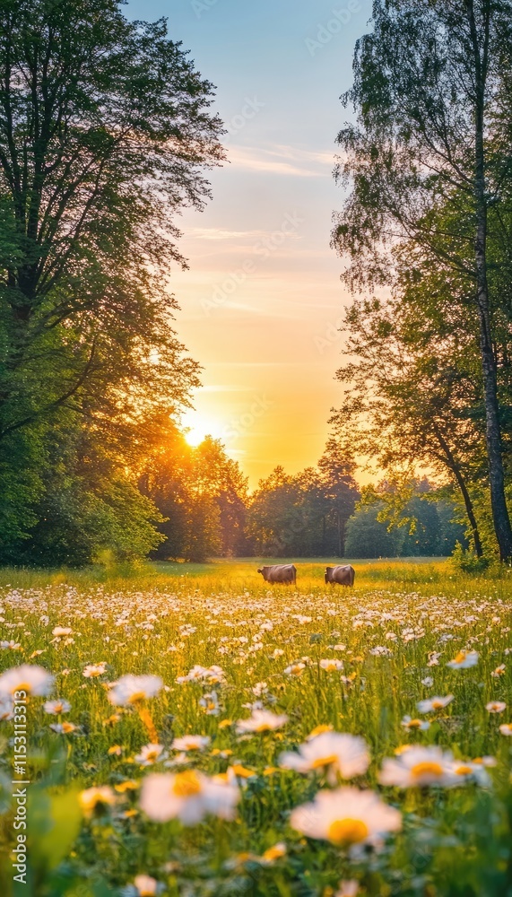 A serene sunset over a meadow filled with flowers and grazing animals. A serene sunset over a meadow filled with flowers and grazing animals.