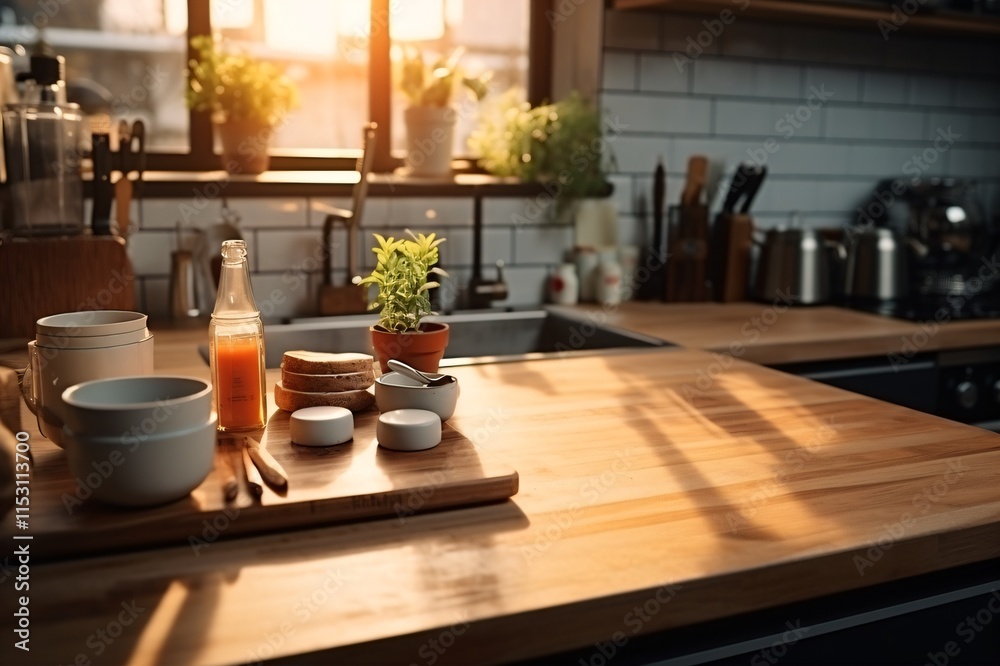 Wooden dining table with chairs in a stylish, modern kitchen interior Wooden dining table with chairs in a stylish, modern kitchen interior