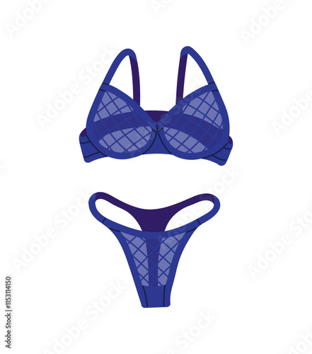 Trendy lace lingerie with checkered pattern. Transparent set of women's underwear with thong panty, bra. Sexy female underclothes: panties, brassiere. Flat isolated vector illustration on white