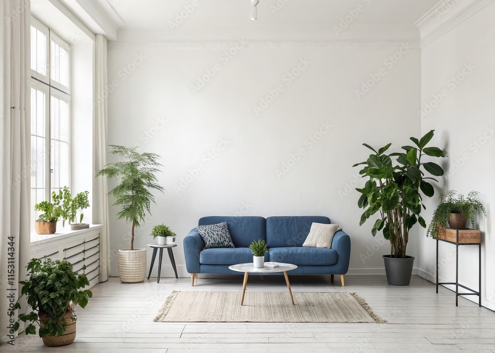 Empty Living Room Interior: Blue Sofa, Plants, White Wall, Minimalist Design Empty Living Room Interior: Blue Sofa, Plants, White Wall, Minimalist Design