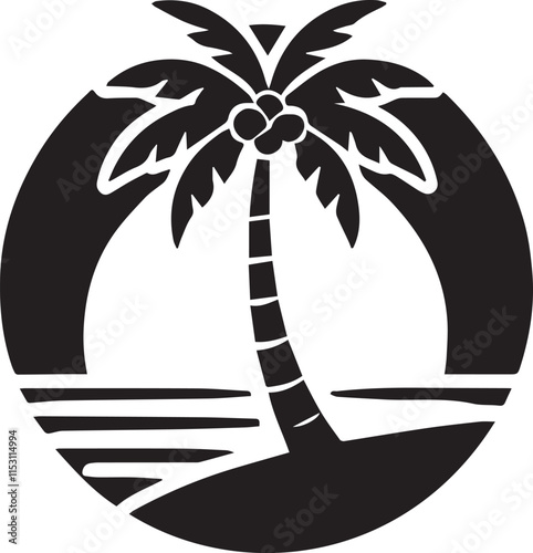 Simple Black and White Palm Tree on a Tropical Island Silhouette