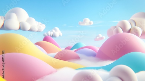 Dreamy Abstract Landscape with Colorful Hills and Fluffy Clouds