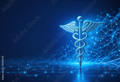 A caduceus symbol illuminated in a glowing blue digital network background, symbolizing modern healthcare and technology.