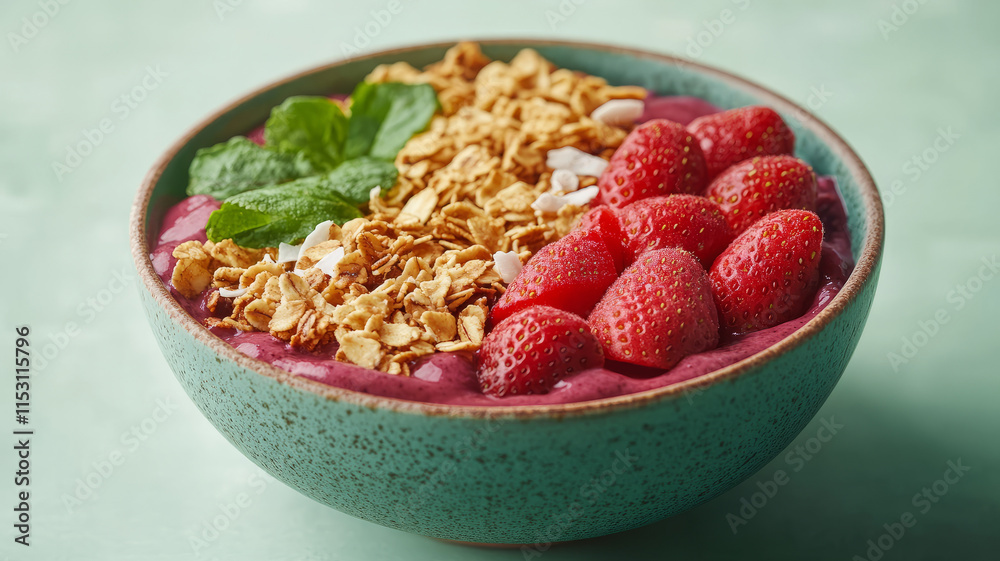 Bowl of smoothie with strawberries and granola. Bowl of smoothie with strawberries and granola.