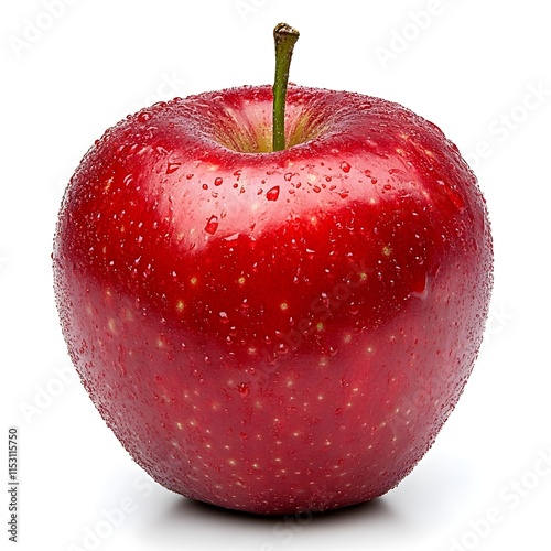 Fresh Red Apple with Water Droplets on White Background