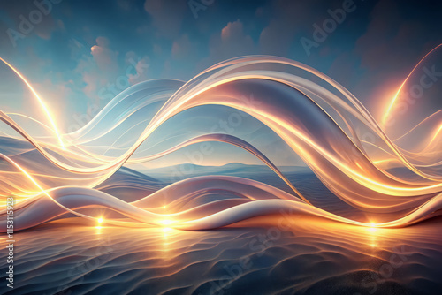 mesmerizing display of flowing light waves creates surreal landscape, blending soft curves and radiant highlights. This artwork evokes sense of tranquility and wonder