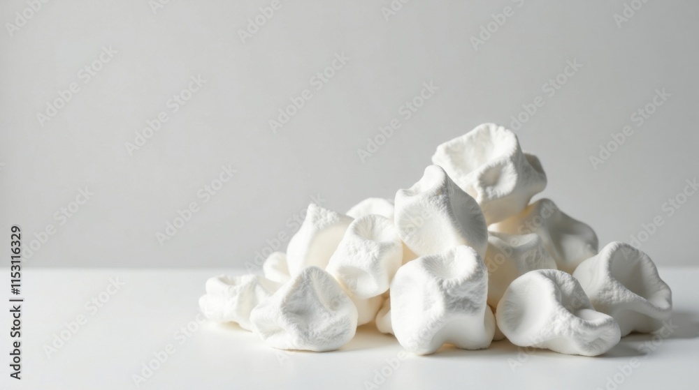 A Delicate Pile of Soft, White, Irregularly Shaped Confections on a Pristine Surface A Delicate Pile of Soft, White, Irregularly Shaped Confections on a Pristine Surface