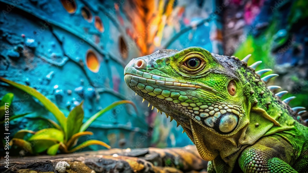Fototapeta premium Enigmatic Iguana: Urban Decay Optical Illusion, Colorful Reptile, Grunge Wall, Street Art