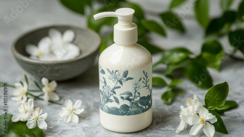 Cosmetic realistic white vector illustration with liquid soap packaging and falling jasmine flowers. Skin care cosmetics body lotion, washing gel or cleancer in white blank bottle with pump photo