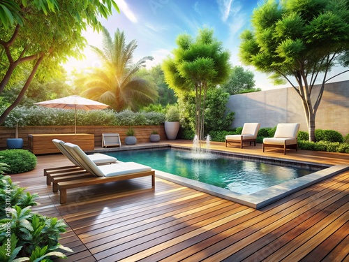 Modern Backyard Pool Design  Serene Oasis with Lush Greenery   Wooden Deck - Medium Shot