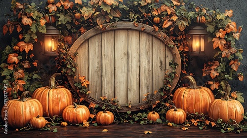 Oval wooden sign with a distressed finish, bordered by hand-painted pumpkins and vines, bold and playful calligraphy mockup in white, illuminated by warm lantern light, rustic and cozy autumnal vibe photo