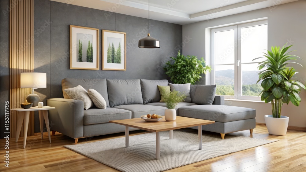 Fototapeta premium Modern Minimalist Living Room Interior Design: Gray Sectional Sofa, White Coffee Table, Neutral Tones