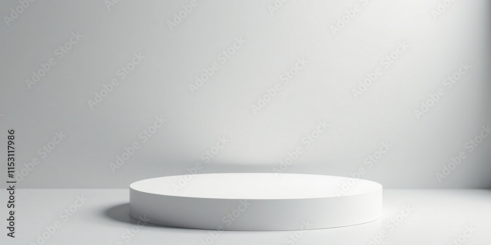 A simple, minimalist white cylindrical platform on a pale grey surface, against a neutral backdrop, ideal for product display or presentation. A simple, minimalist white cylindrical platform on a pale grey surface, against a neutral backdrop, ideal for product display or presentation.