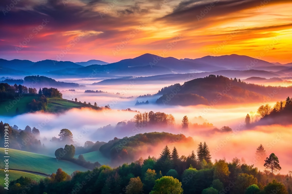 Obraz premium Ethereal Pre-Dawn Landscape: Serene Mist-Shrouded Hills