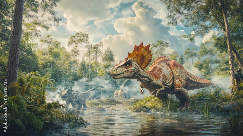A prehistoric scene featuring a Spinosaurus and a Triceratops in a lush, misty landscape. A prehistoric scene featuring a Spinosaurus and a Triceratops in a lush, misty landscape.