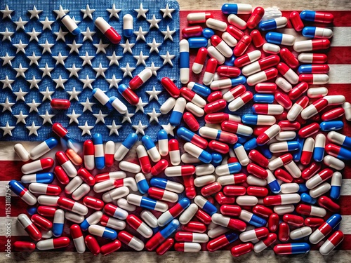 Opioid Crisis America: Aerial View of National Flag & Prescription Pills
