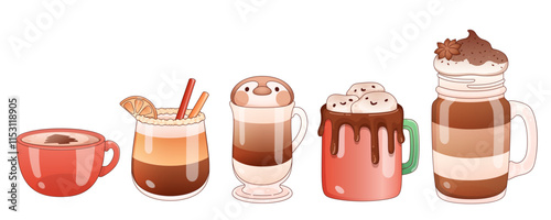 Hot sweet drinks set isolated on white background. Contemporary vector cartoon illustration of cups with coffee with cinnamon, chocolate beverage, milky latte, cocoa with whipped cream and marshmallow