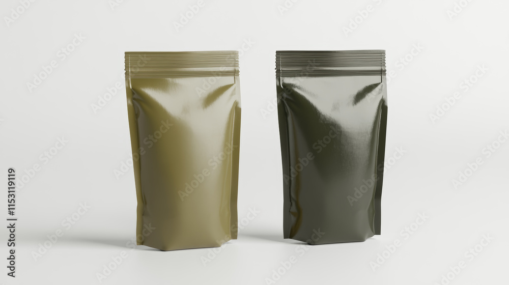 Set of realistic doy pack mockups. Dark green flow pack, sachet, zip bag and doypack. Ice cream wrapper. Sheet mask sachet. Coffee, sause or candy packaging. Khaki