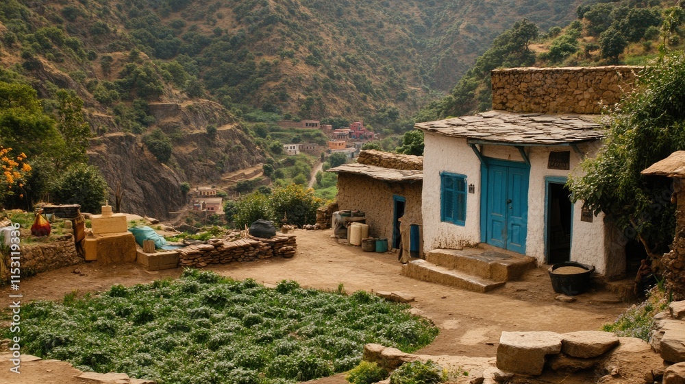 Serene rural landscape featuring a traditional house and lush green garden in a mountainous area. Serene rural landscape featuring a traditional house and lush green garden in a mountainous area.