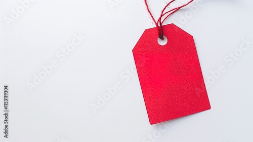 White background with eye-catching red discount tag, prominent price reduction symbol for attracting shoppers, big red tag showing savings opportunity, essential for retail marketing and sales promoti photo