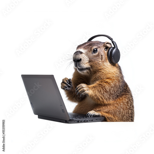 marmot and a laptop on a white background, marmotin headphones photo