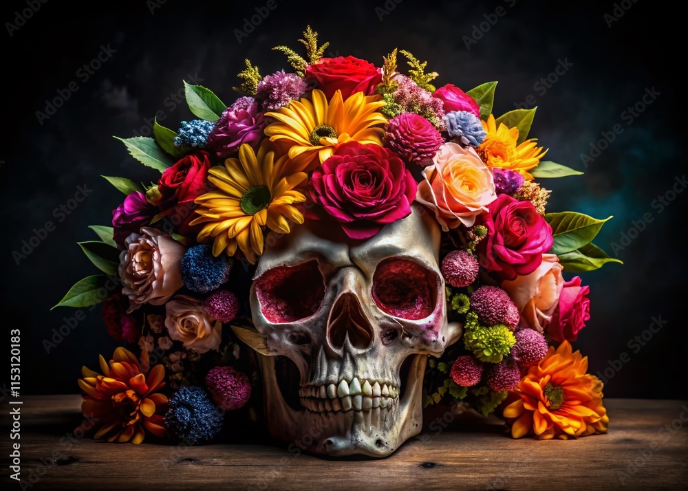 Feminine Floral Skull Art: Elegant Sugar Skull with Blooming Flowers, Dark Background Feminine Floral Skull Art: Elegant Sugar Skull with Blooming Flowers, Dark Background