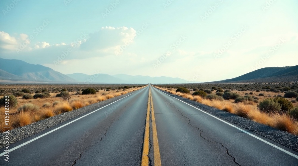 Fototapeta premium Endless Asphalt Journey A Scenic Drive Through a Vast, Dry Landscape Under a Pale Sky