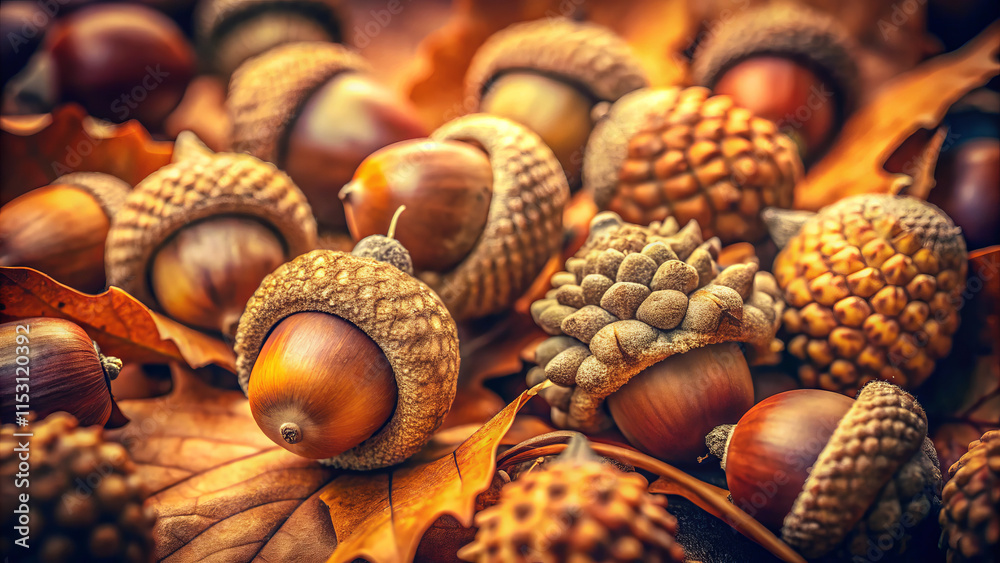 Acorns scattered among autumn leaves create warm, earthy scene. rich hues and textures evoke sense of nature beauty and seasonal change Acorns scattered among autumn leaves create warm, earthy scene. rich hues and textures evoke sense of nature beauty and seasonal change