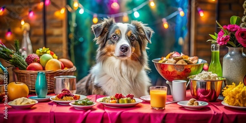 Festive Australian Shepherd Dog at Dinner Table, Abstract Fashion Photography