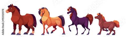 Cartoon horse characters set - stylized equine figures in different poses and sizes with brown, orange and purple fur color and expressive faces. Playful animal designs for children books or game.