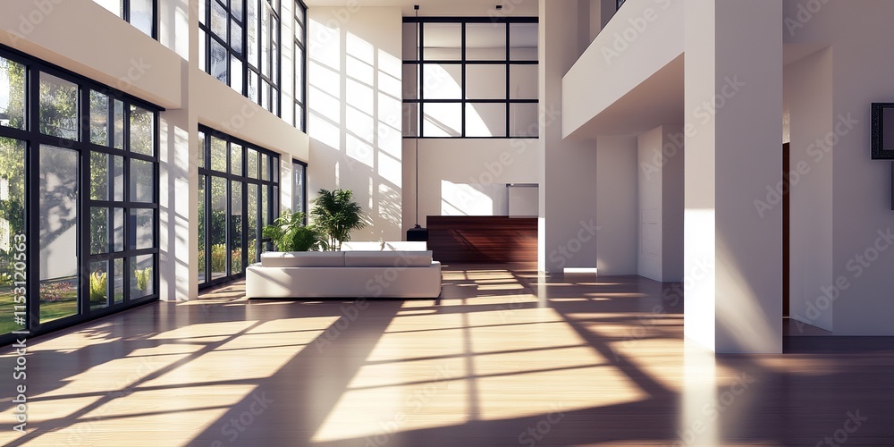 Obraz premium Spacious Modern Interior with Sunlight and Window Shadows on Walls and Polished Floor
