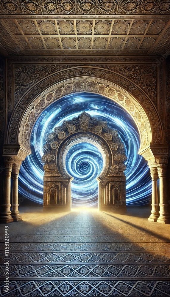 Obraz premium An ancient archway bathed in ethereal light, a swirling vortex promises a journey beyond imagination. Step through and discover the secrets hidden within.