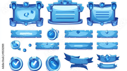 Game boards with win and lose banners, best players list, rate and share buttons. Vector cartoon set of blue glass gui elements, complete and failed level screens