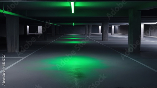 Empty parking lot with green neon light  dark underground garage