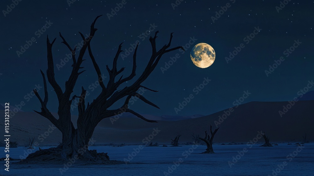 Naklejka premium A serene night scene featuring a full moon illuminating a barren landscape with dead trees.